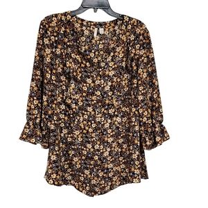 Cato Top 2X Dark Floral Ruffled Front 3/4 Sleeve Button Up Dressy Office Flowy